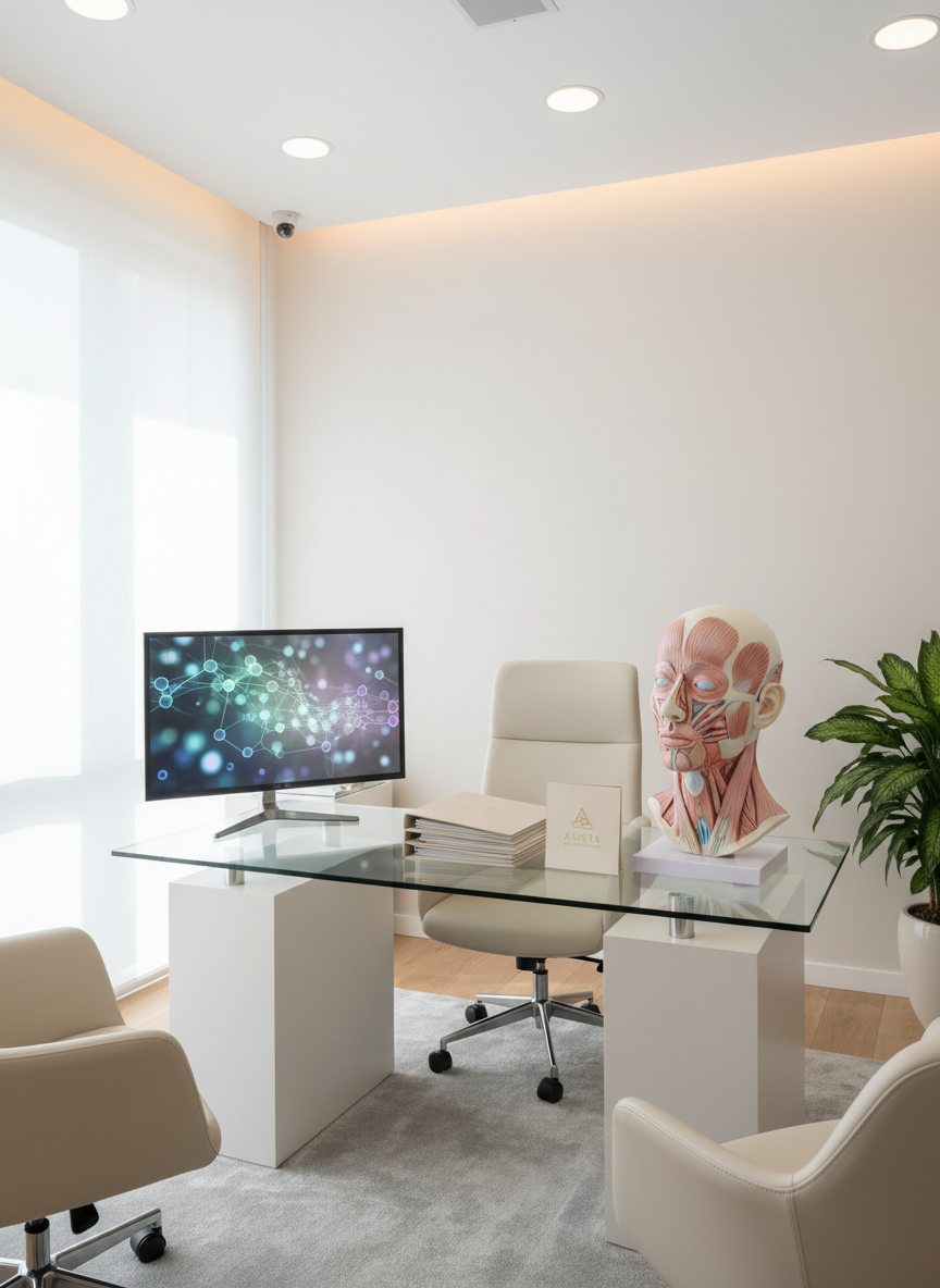 A refined consultation space in a medical spa, featuring a sleek glass-topped desk with a matte white base, a high-resolution anatomical model of facial musculature and skin layers in soft neutral colors, and a neatly stacked set of personalized treatment plan folders embossed with a subtle gold Aurea Rejuvenation logo. A slim, modern monitor displays an abstract, blurred skin analysis graphic. The room is bathed in soft natural light from an unseen window, enhanced by recessed ceiling lights that create a bright yet gentle atmosphere. Photographic realism, shot at eye level with balanced composition using the rule of thirds, conveys a calm, professional setting where regenerative medicine and aesthetic planning meet with clarity and care.