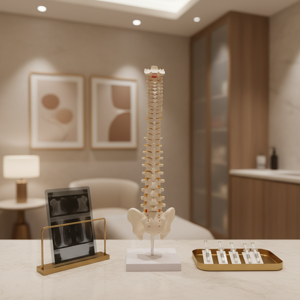 An elegant pain management and regenerative therapy vignette: a smooth anatomical spine model in matte ivory positioned on a polished, light stone desk, accompanied by a set of neatly stacked imaging films held in a slender brass frame and a small tray of sterile, single-use injection packs. The background hints at a tasteful, high-end consult room with a soft beige wall, minimal abstract artwork, and a discrete cabinet. Gentle overhead lighting combines with a warm side lamp, creating layered illumination and subtle, realistic shadows. Photographic realism, framed with asymmetrical balance and medium depth of field, conveying a sense of scientific rigor, comfort, and cutting-edge relief solutions offered in a sophisticated medical spa setting.