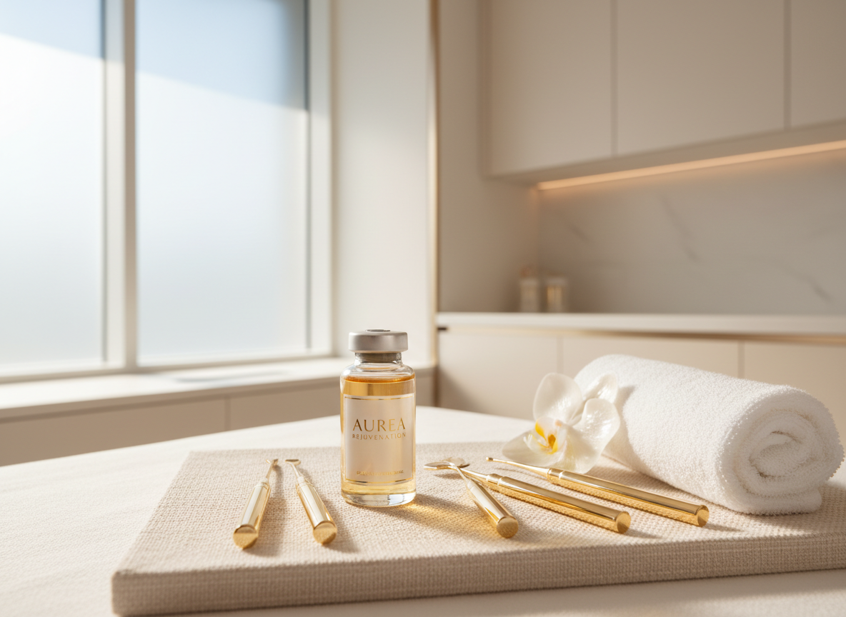 A luxurious treatment vignette featuring a crystal-clear glass serum vial labeled “Aurea Rejuvenation” resting on a softly textured ivory linen tray. Surrounding it are neatly arranged gold-accented instruments, a folded plush white towel, and a single pale orchid bloom. The setting is a pristine, modern medical spa room with warm white walls and subtle champagne-toned accents, rendered in photographic realism. Diffused natural daylight filters through a frosted window, creating gentle highlights on the glass and metallic details, with soft, elongated shadows. Shot at eye level with shallow depth of field, the background fades into a creamy blur of elegant cabinetry and minimal décor, conveying a sophisticated, calm, and clinical-yet-inviting atmosphere ideal for a high-end regenerative medicine spa.