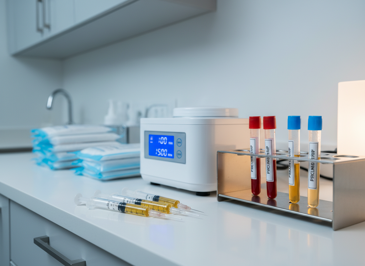 A close-up, cinematic still life of regenerative medicine tools arranged on a matte white counter: slender syringes filled with a translucent golden PRP-like fluid, a small centrifuge machine with a polished white casing and digital display, and labeled PRP and PRF collection tubes in a minimalist metal rack. The background shows a blurred hint of a modern lab-grade cabinet and neatly stacked sterile packs. Cool, diffused overhead lighting combined with a subtle warm accent light creates sophisticated contrast and faint reflections on the glass and metal surfaces. Photographic realism, shot from a slightly elevated three-quarter angle with shallow depth of field, emphasizing clinical precision, innovation, and luxury, perfectly representing advanced regenerative therapies at a high-end medical spa.
