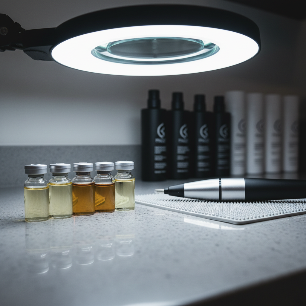 A dramatic, detailed close-up of a hair restoration setup on a cool gray quartz countertop: a row of small glass vials filled with varying shades of amber regenerative solution, a precision micro-needling pen resting on a silicone mat, and a magnifying lamp with a circular LED halo softly aglow above. In the blurred background, shelves hold neatly arranged hair and scalp treatment products in matte black and white containers. Neutral, controlled studio lighting with a slight cool bias enhances the clinical clarity, while a soft rim light from behind the magnifying lamp adds depth. Photographic realism, captured from a low, intimate angle with a shallow depth of field, evoking technical sophistication and hope for rejuvenated hair health.