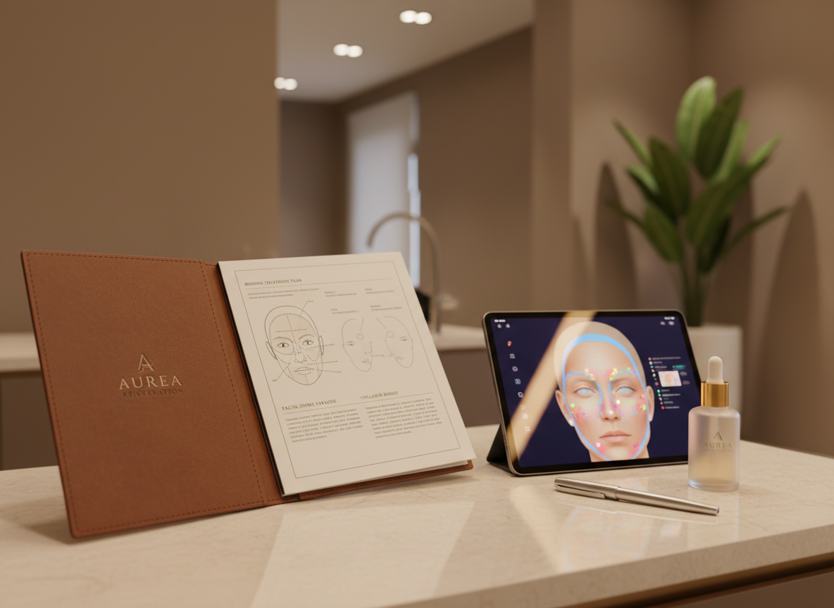A refined skincare consultation scene without people: an open, leather-bound treatment plan folder on a pale stone countertop, its pages showing elegantly designed diagrams of facial zones and written recommendations in tasteful typography. Beside it sits a frosted glass bottle of serum with a gold dropper, a silver pen, and a slim tablet displaying a glowing, detailed skin analysis image. The environment is a sophisticated consultation room with warm taupe walls, soft recessed ceiling lights, and a single sculptural plant in the background. Photographic realism, with soft, focused lighting creating delicate highlights on the tablet screen and reflective accents. Captured at eye level using the rule of thirds, with a calm, intentional composition that conveys personalization, expertise, and bespoke treatment planning at Aurea Rejuvenation.