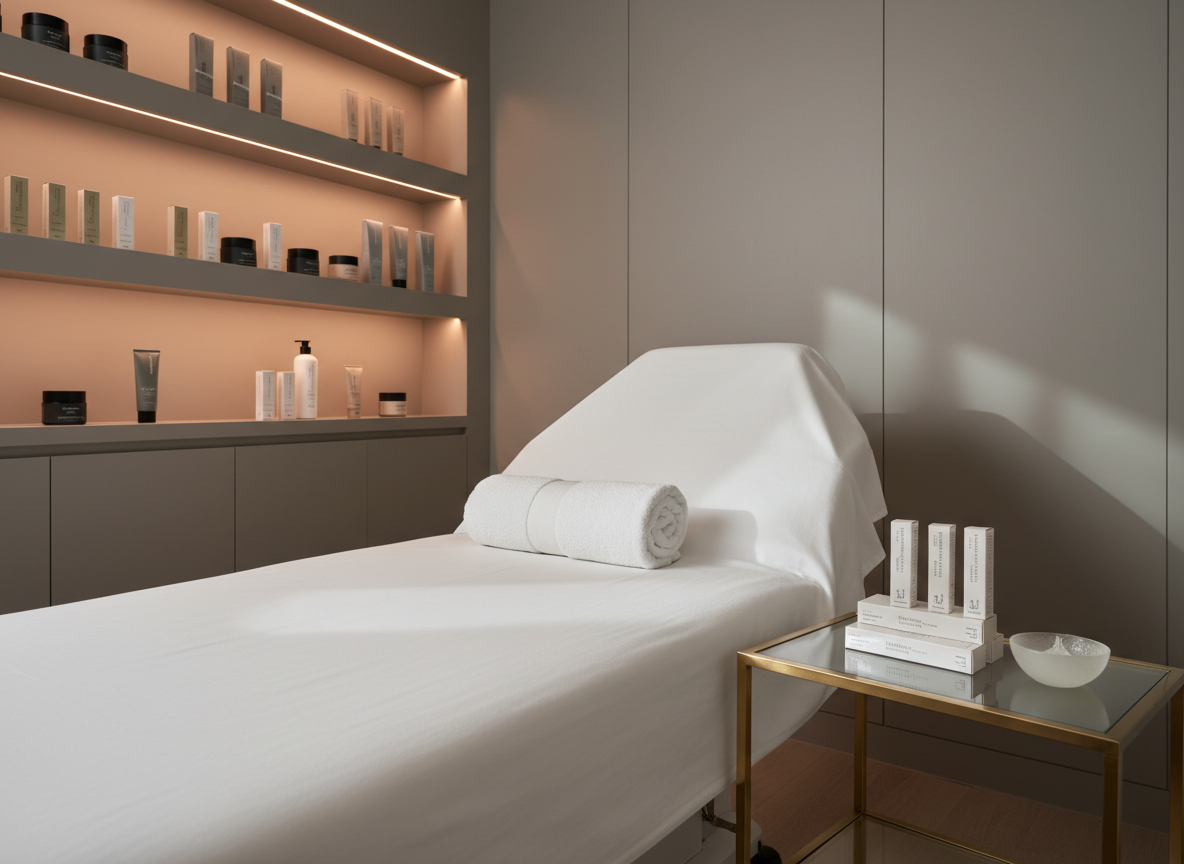 An immaculate treatment bed draped in a smooth, snow-white coverlet with a rolled, spa-style towel at the head, positioned in the center of a contemporary medical spa room. A sleek, gold-framed side table holds neatly arranged dermal filler boxes and a minimalist glass bowl with glistening gel-like product. The walls are a soft warm gray with subtle vertical paneling, and built-in shelves display neatly ordered skincare bottles in muted, elegant packaging. Soft studio lighting combines with a hint of natural daylight from an unseen window, creating a gentle glow and refined shadows. Photographic realism, captured from a slightly elevated angle with balanced composition and sharp focus throughout, evoking serenity, precision, and aesthetic excellence for advanced injectable treatments.