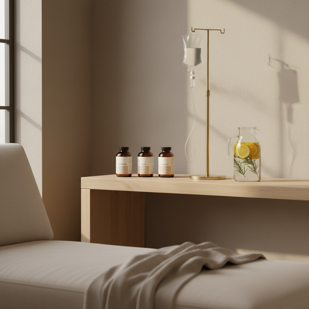 A tranquil wellness therapy corner featuring a low, pale oak console against a muted sand-colored wall, supporting an arrangement of wellness elements: amber glass supplement bottles with discreet labels, a sleek white IV infusion bag hanging from a brushed gold stand, and a carafe of infused water with citrus slices and rosemary. A neatly folded cashmere throw rests on the edge of a plush, cream chaise visible in the foreground. Warm, indirect natural light enters from the left, casting soft, elongated shadows and subtle highlights on the glass and metal. Photographic realism, shot at a slightly angled perspective with gentle depth of field, creating a serene, holistic atmosphere that communicates integrative wellness therapies and elevated self-care.